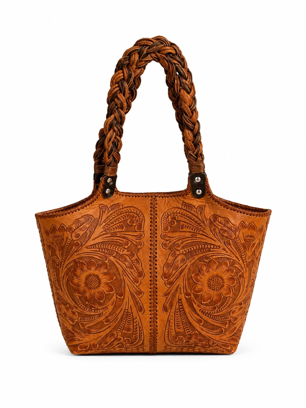Alejandro Yeo Brown Leather Shoulder bag braided handle structured tote tooled - Picture 2 of 14